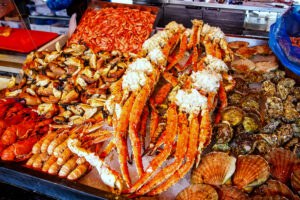 Various seafood on ice on display 